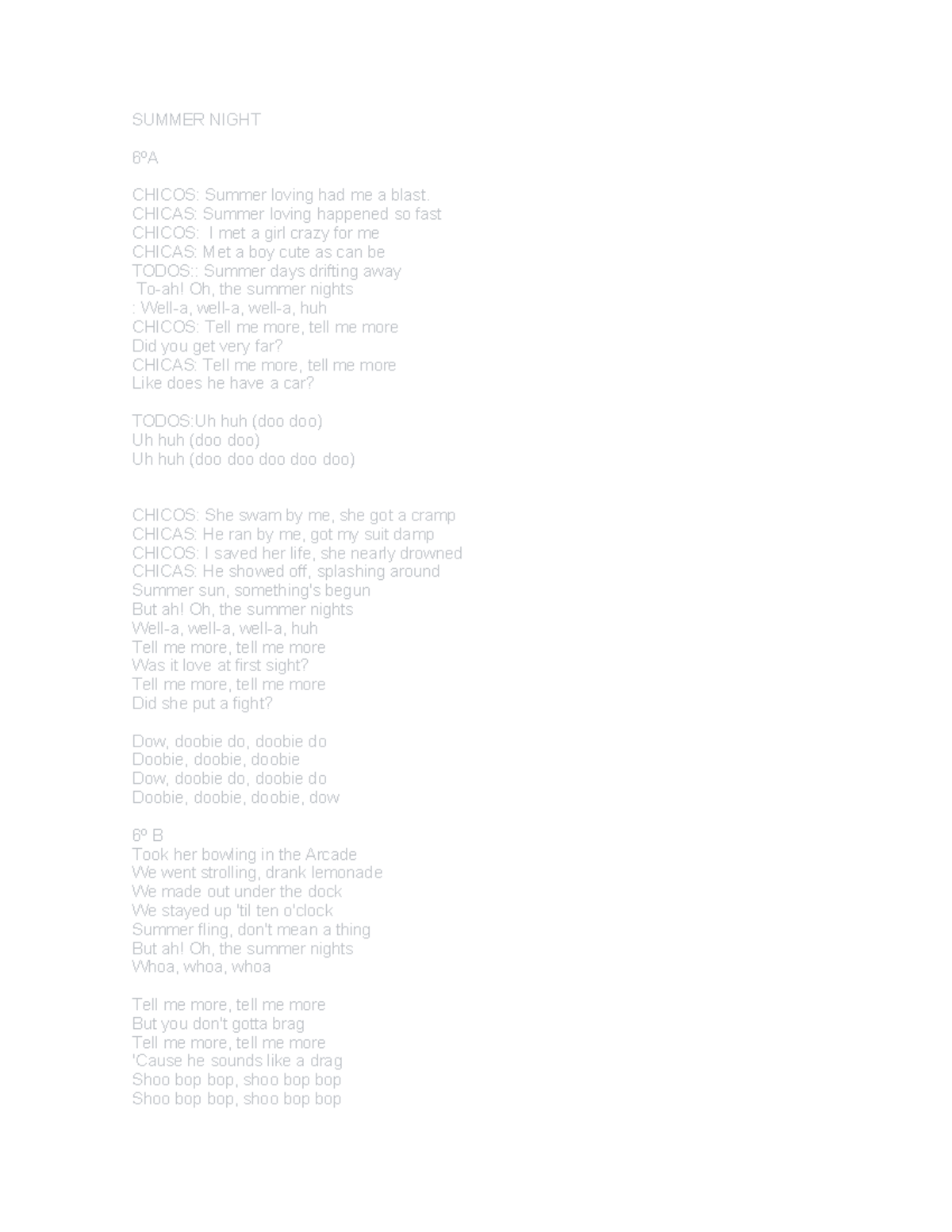 Summer Night letra original distribución - SUMMER NIGHT 6ºA CHICOS ...