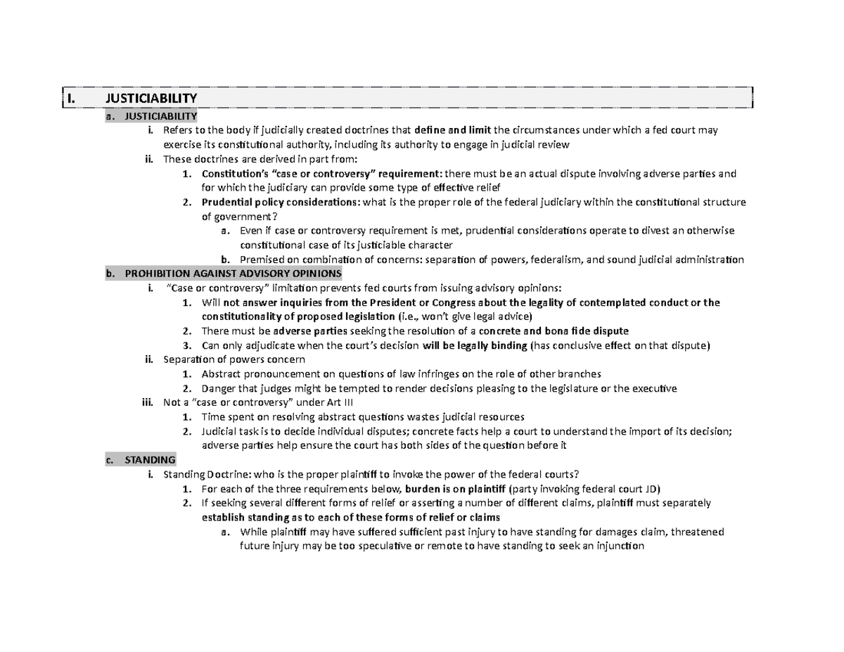 Federal courts outline (kj) - I. JUSTICIABILITY a. JUSTICIABILITY i ...