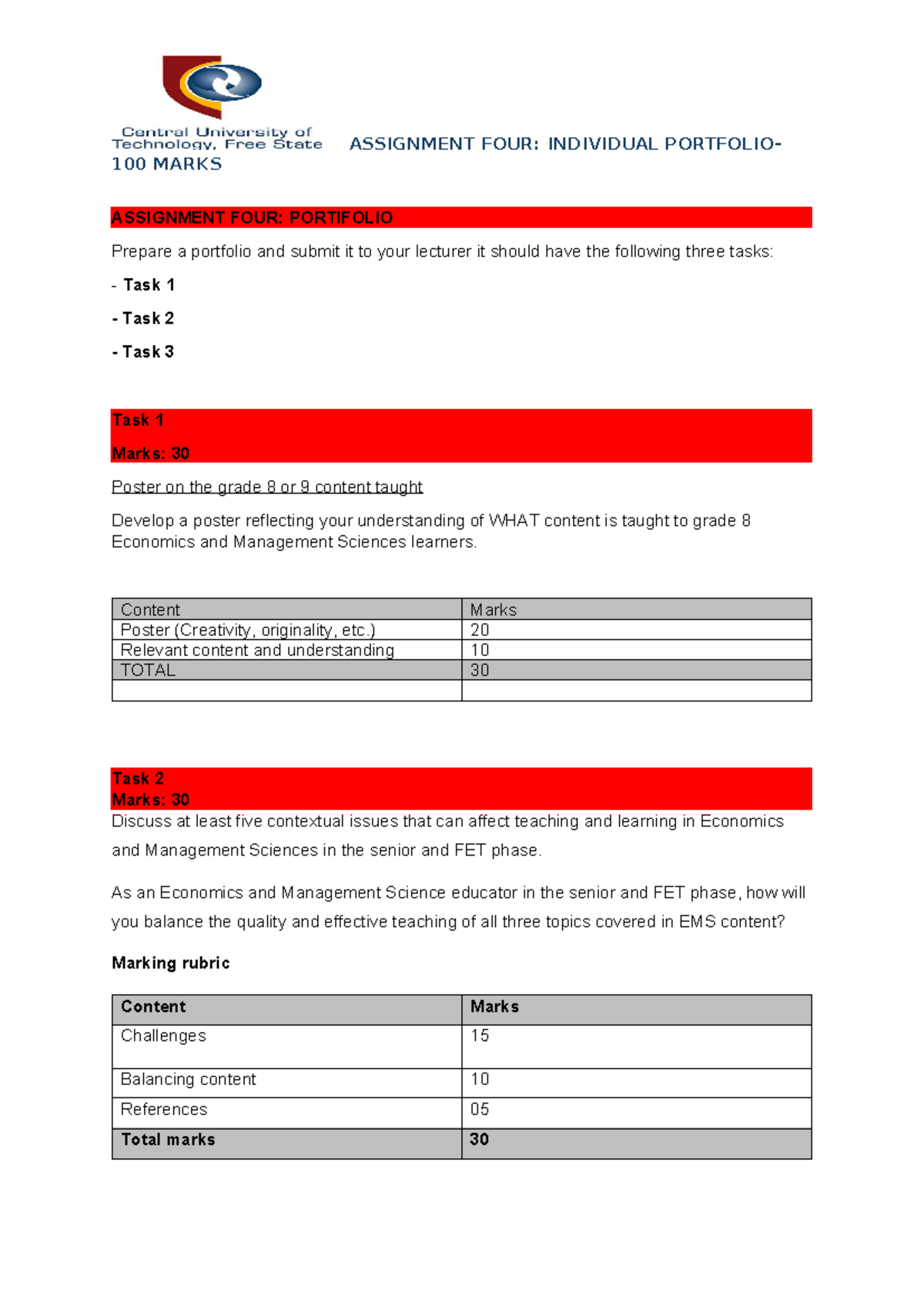 Assignment FOUR - ASSIGNMENT FOUR: INDIVIDUAL PORTFOLIO- 100 MARKS ...
