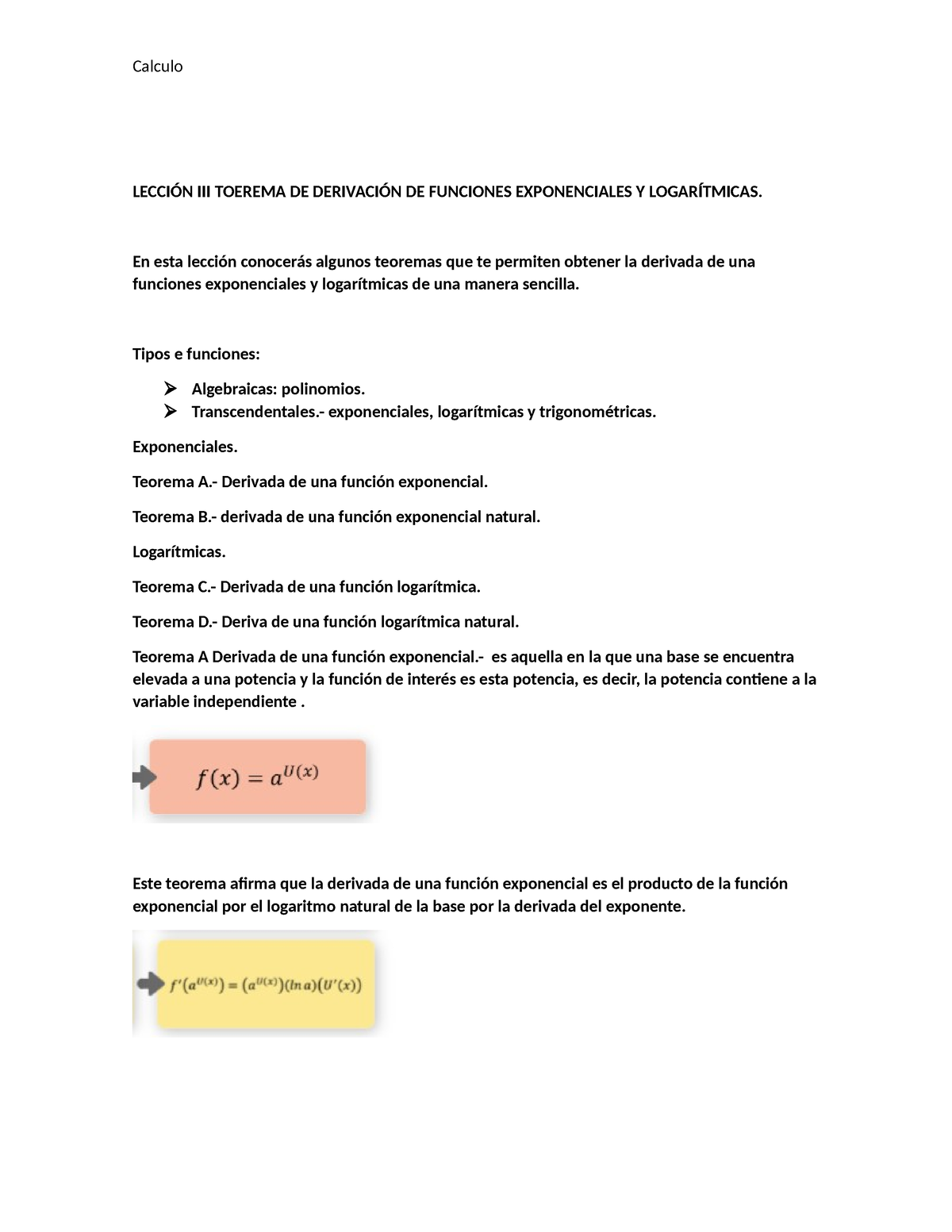 Lección Iii Toerema De Derivación De Funciones Exponenciales Y Logarítmicas LecciÓn Iii 7723