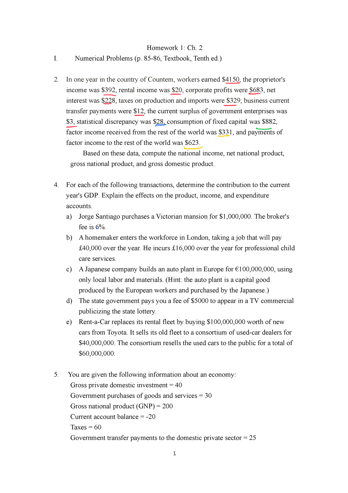 HW Ch 2 - Hw1 - Homework 1: Ch. 2 I. Numerical Problems (p. 85-86 ...