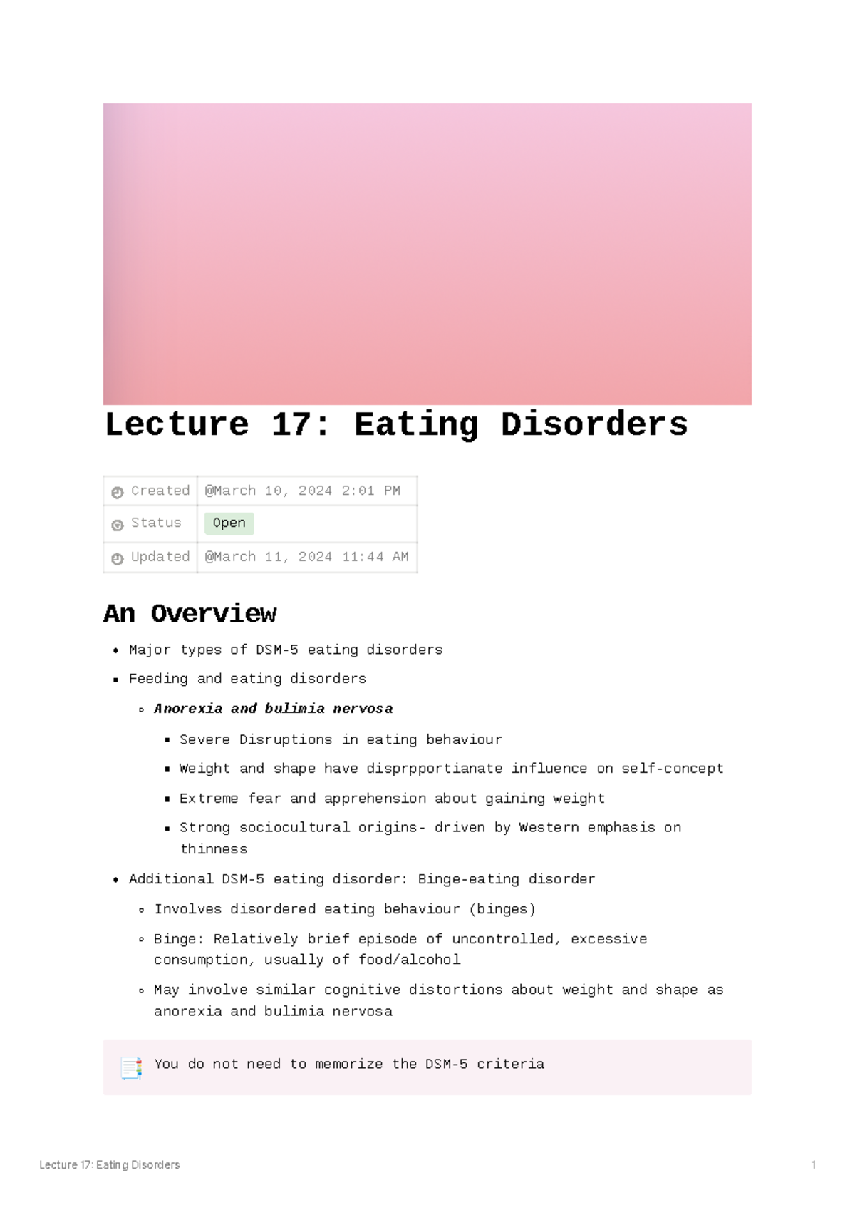 Lecture 17 Eating Disorders - Lecture 17: Eating Disorders Created ...