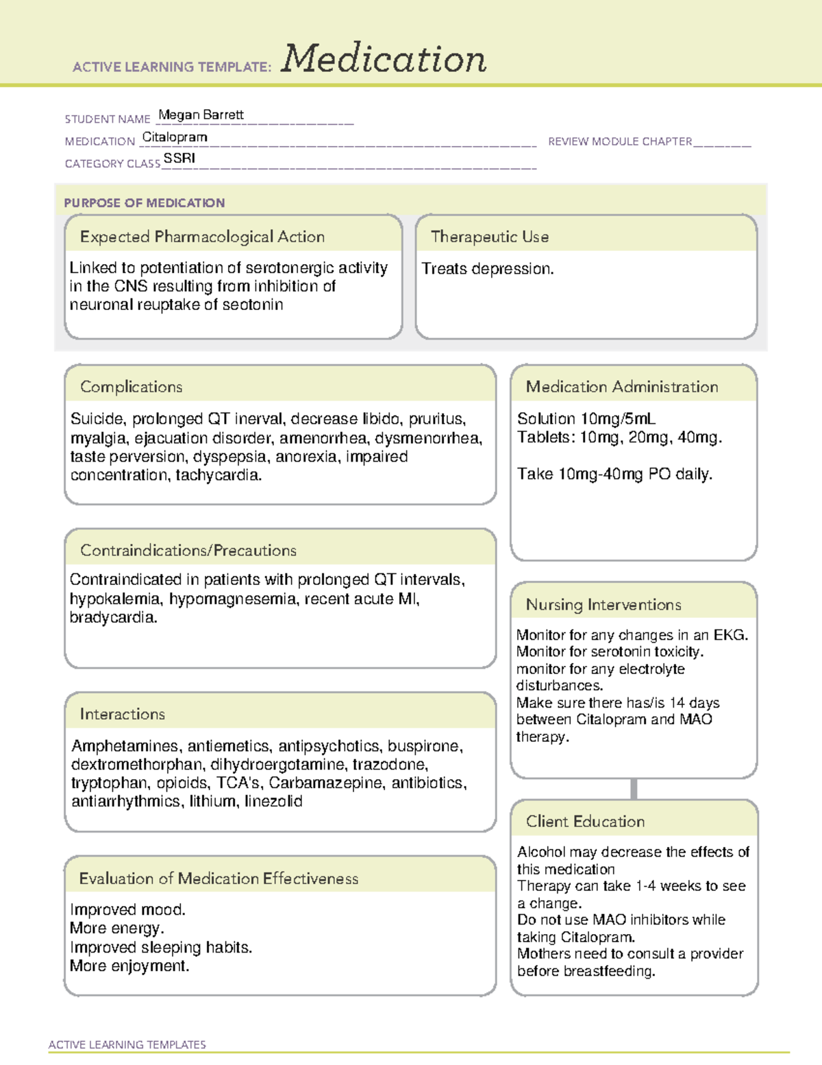 Citalopram ACTIVE LEARNING TEMPLATES Medication STUDENT NAME