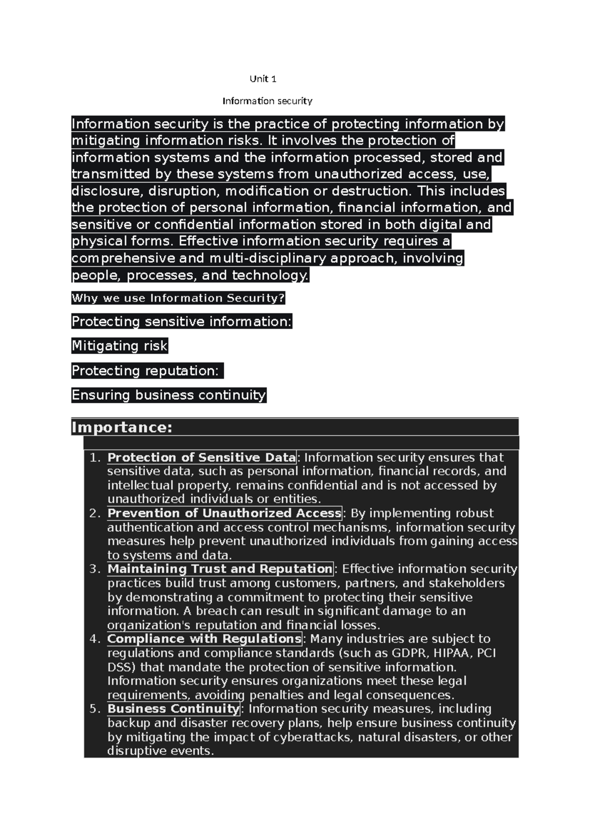 Unit 1 - this is hand written notes. - Unit 1 Information security ...