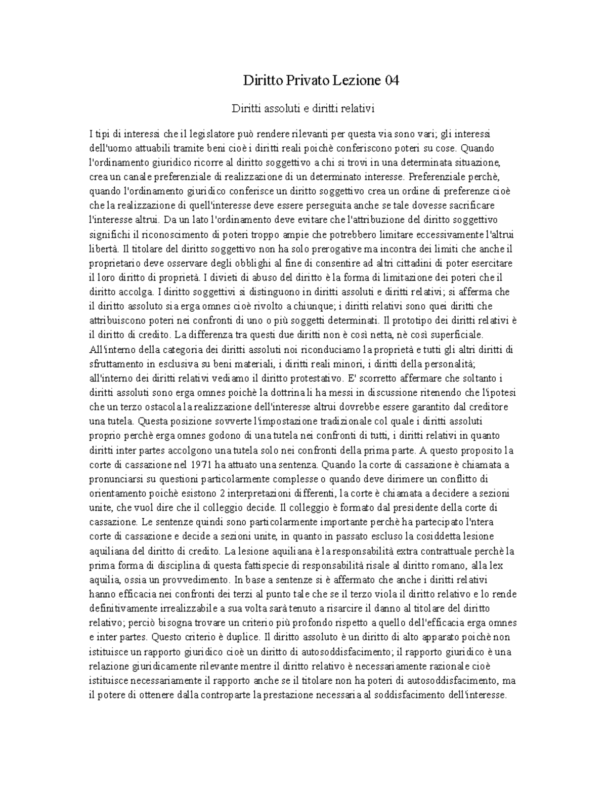 Diritto privato prof Piraino Lezione 4 I diritti assoluti e relativi Diritto Privato Lezione