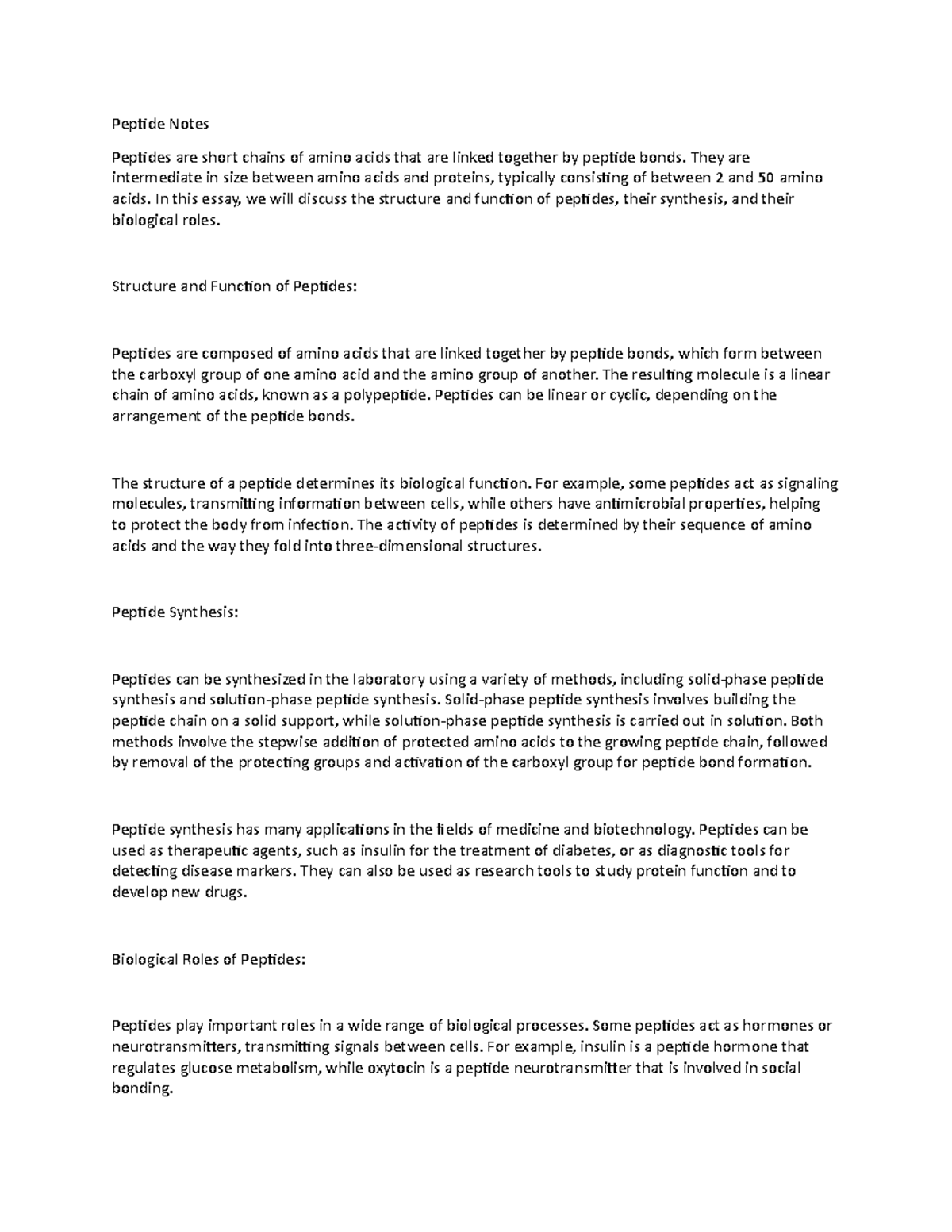 Peptide Notes - Peptide Notes Peptides are short chains of amino acids ...