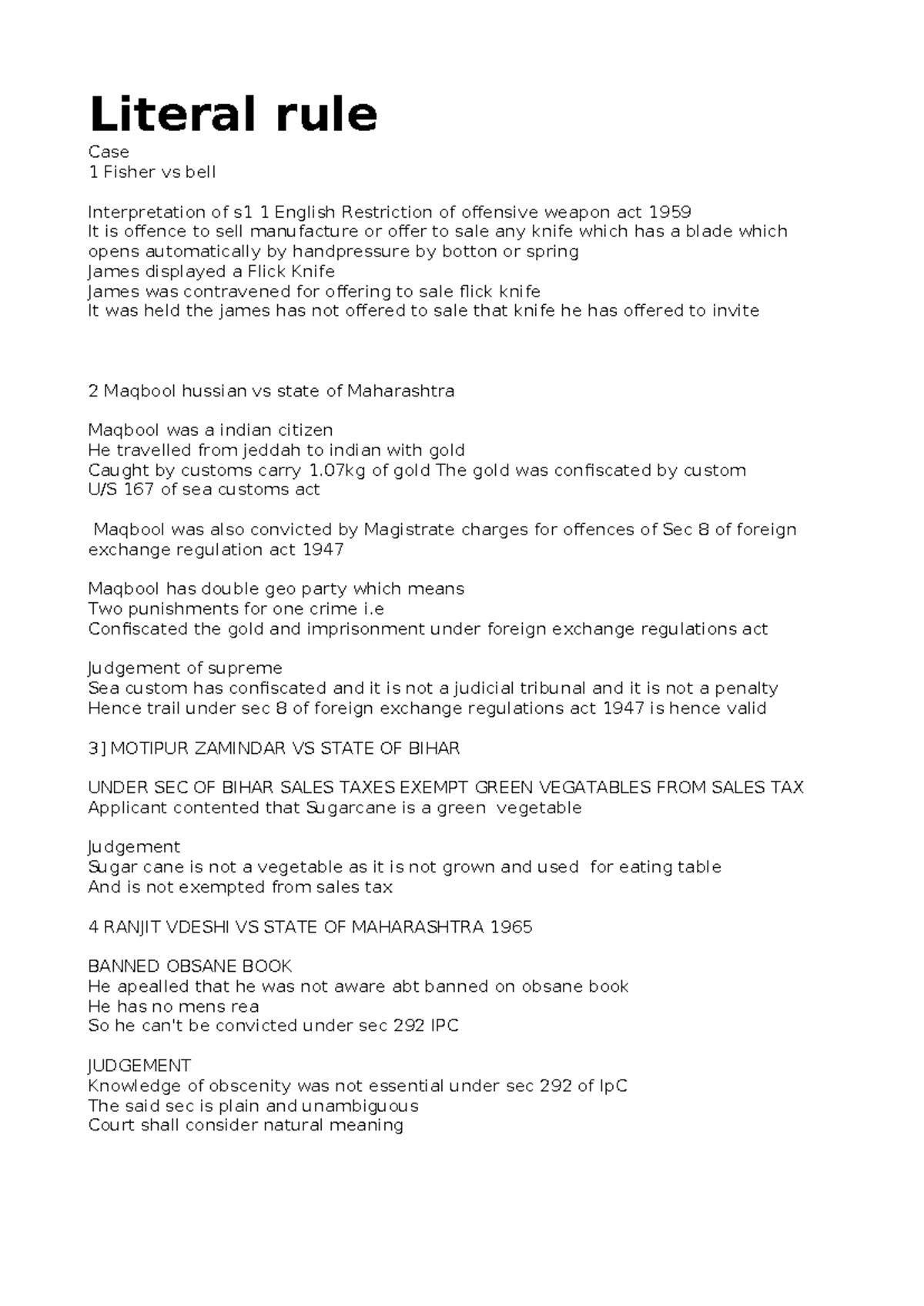 Literal rule - Literal rule Case 1 Fisher vs bell Interpretation of s1 ...