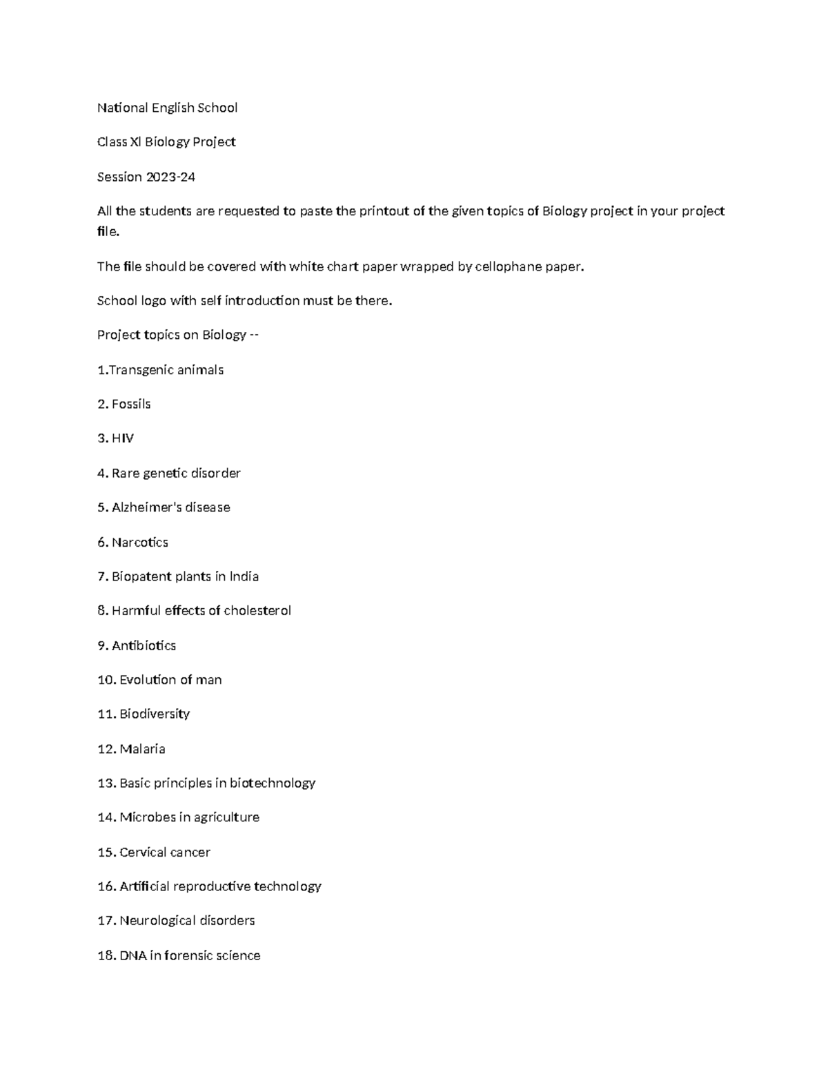 Class XI Biology Project Details - National English School Class Xl ...