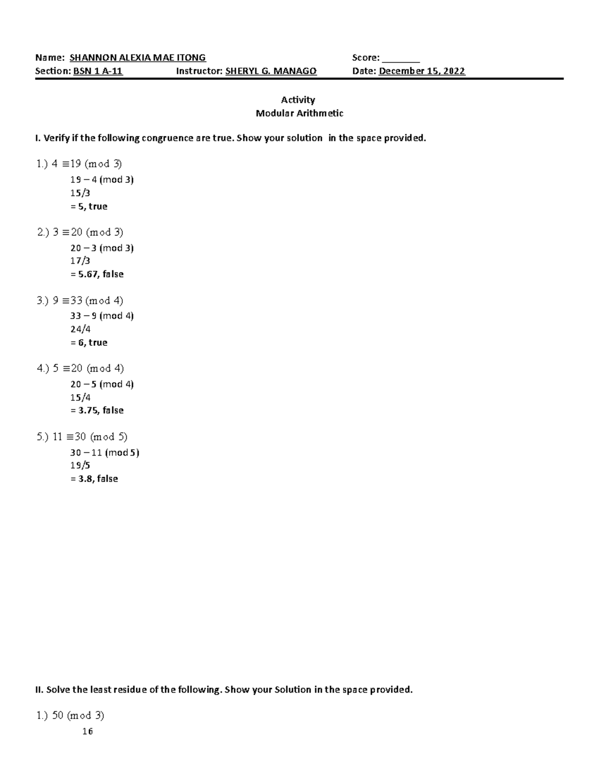 Modular- Arithmetic - Name: Shannon Alexia Mae Itong Score 