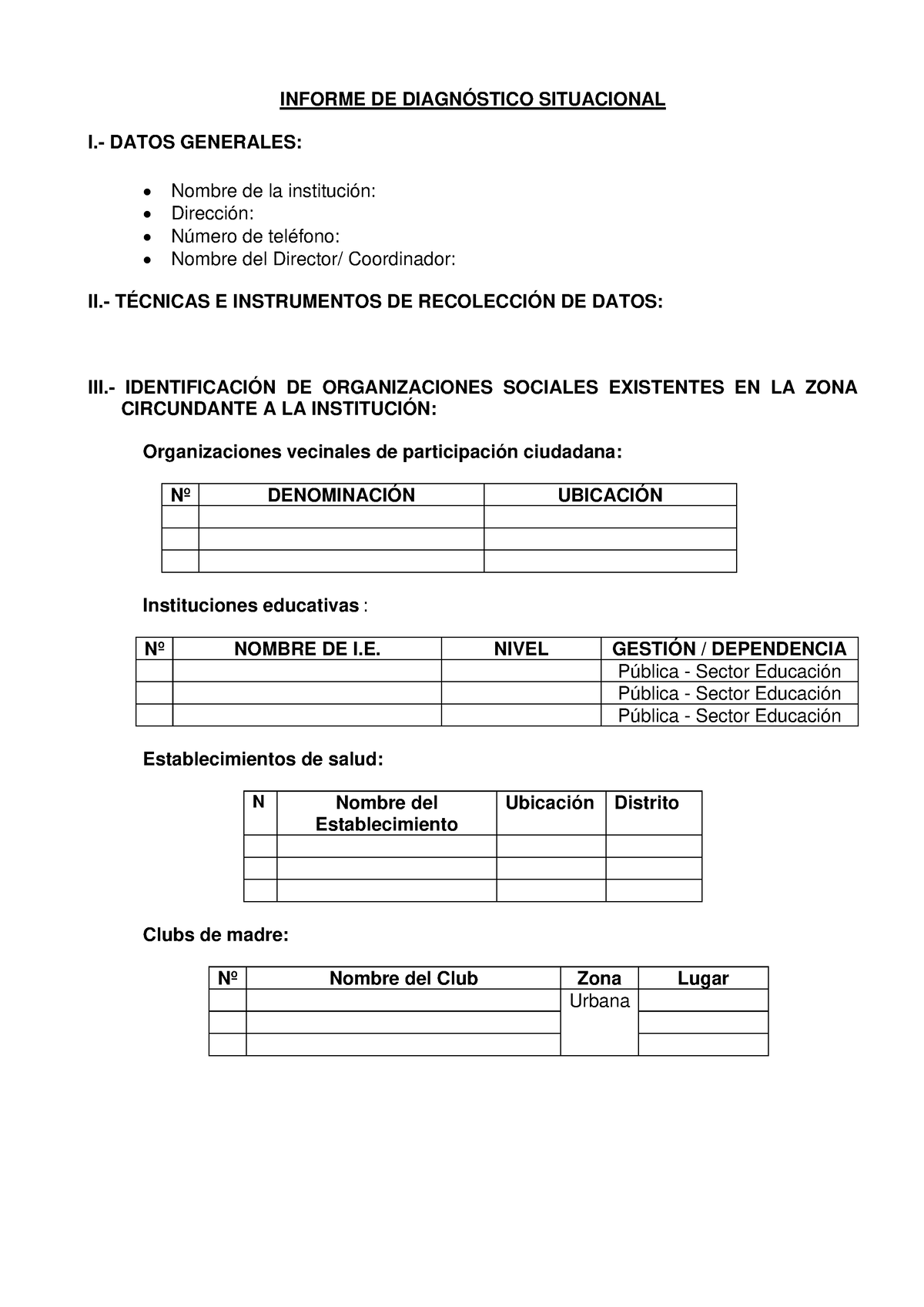 Esquema Informe Diagnóstico Situacional - INFORME DE DIAGNÓSTICO ...