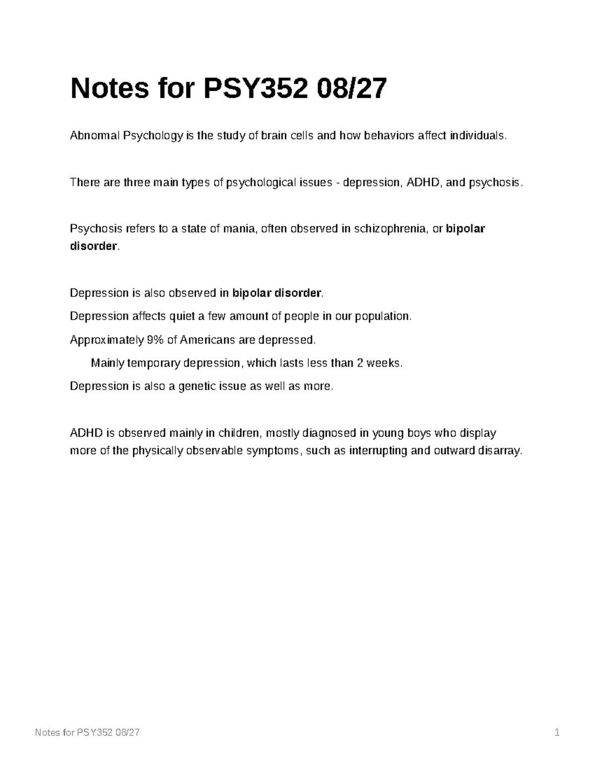 Notes For PSY352 0827 - Taught By Dr. Bradbury, Introduction Lecture ...