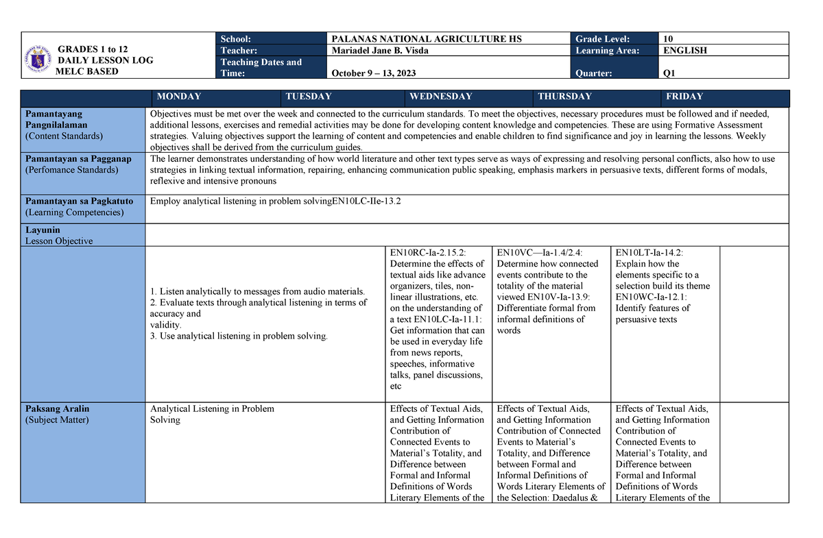 MELC DLL ENG 10 WEEK 5 Q1 DONE - GRADES 1 To 12 DAILY LESSON LOG MELC ...