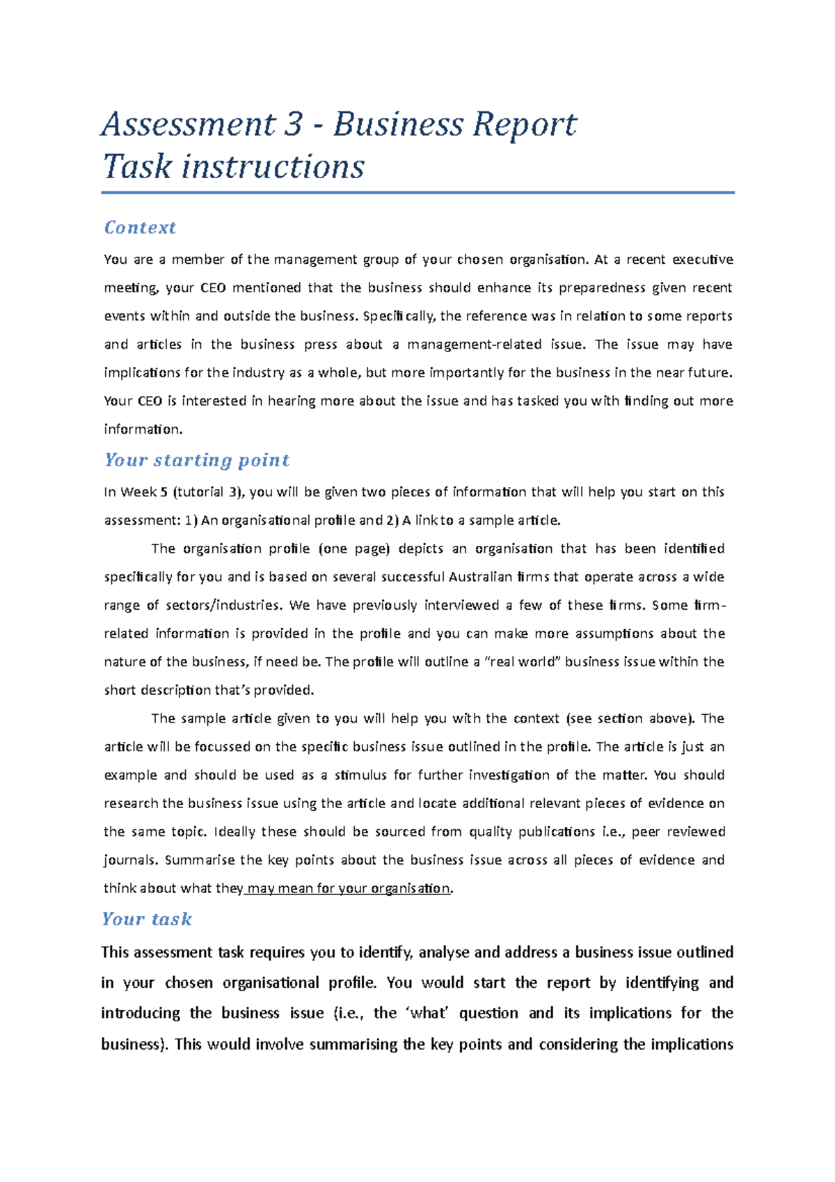 Assessment Item 3 - Business Report (Task Instructions) - Assessment 3 ...