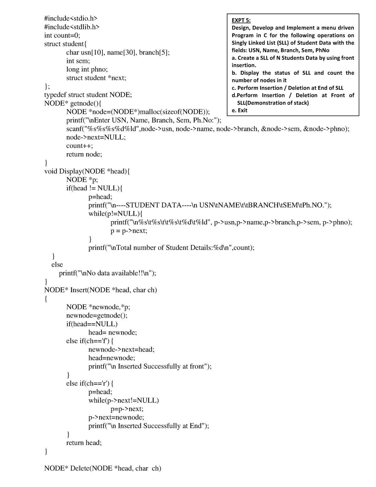 Program 5 - #include #include Int Count=0; Struct Student{ Char Usn[10 ...