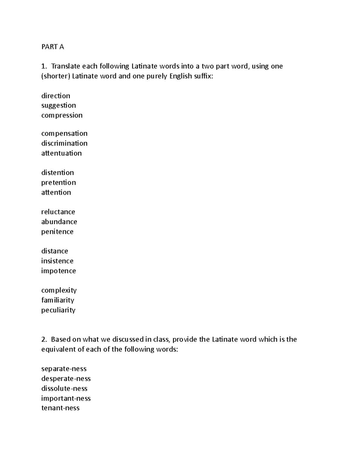Exerc WEEK 1 - PART A Translate each following Latinate words into a ...