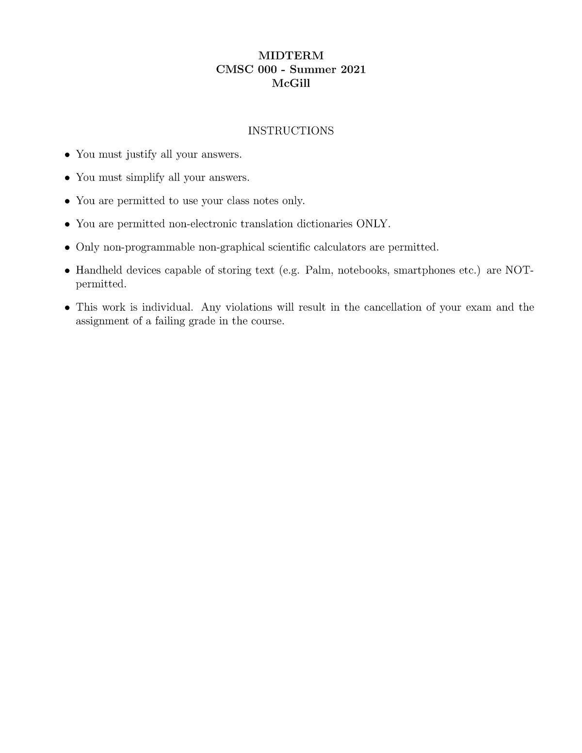 Midterm CMSC 000 Summer 2021 MIDTERM CMSC 000 Summer 2021 McGill