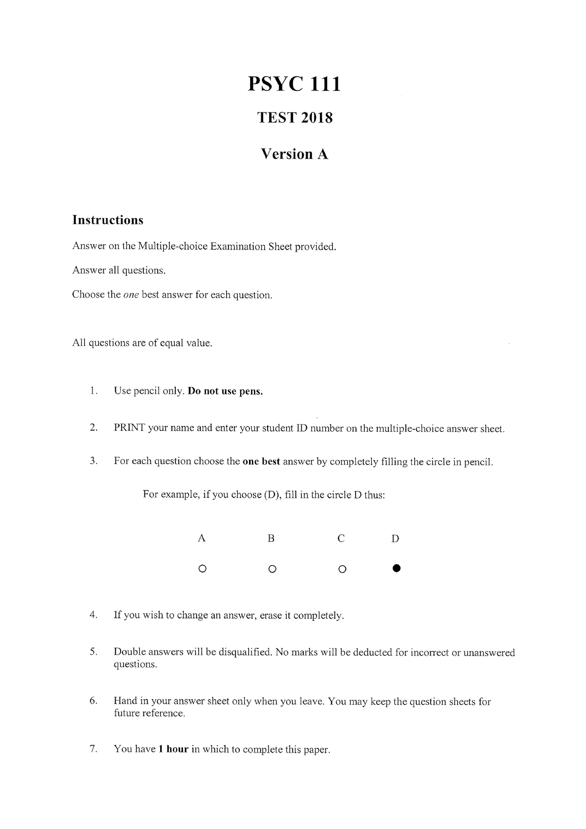 PSYC111 Test2018 - Psych 111 Test 1 Practise - Brain And Behaviour ...