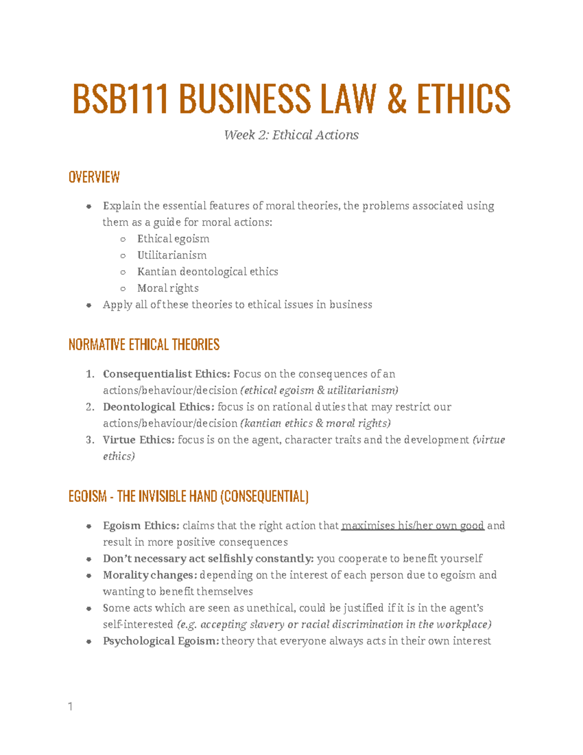 BSB111 BLE Week 2 Notes - BSB111 BUSINESS LAW & ETHICS Week 2: Ethical ...