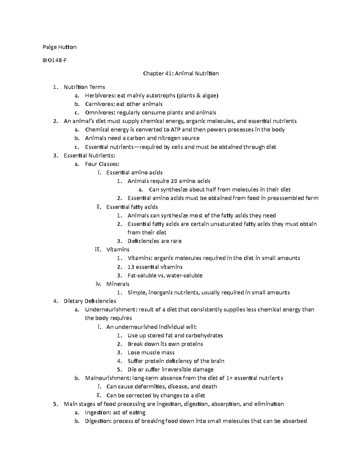 BIO148 Chapter 41 Notes - Paige Hutton BIO148-F Chapter 41: Animal ...