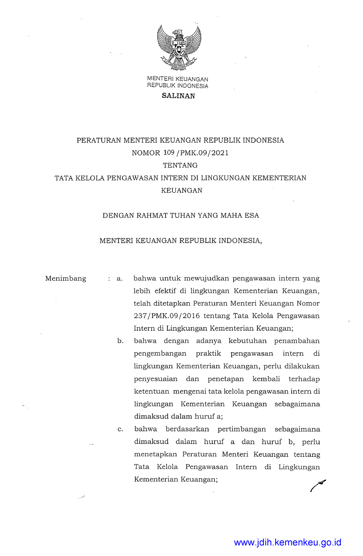 109 PMK - MENTERIKEUANGAN REPUBLIK INDONESIA SALINAN PERATURAN MENTER ...