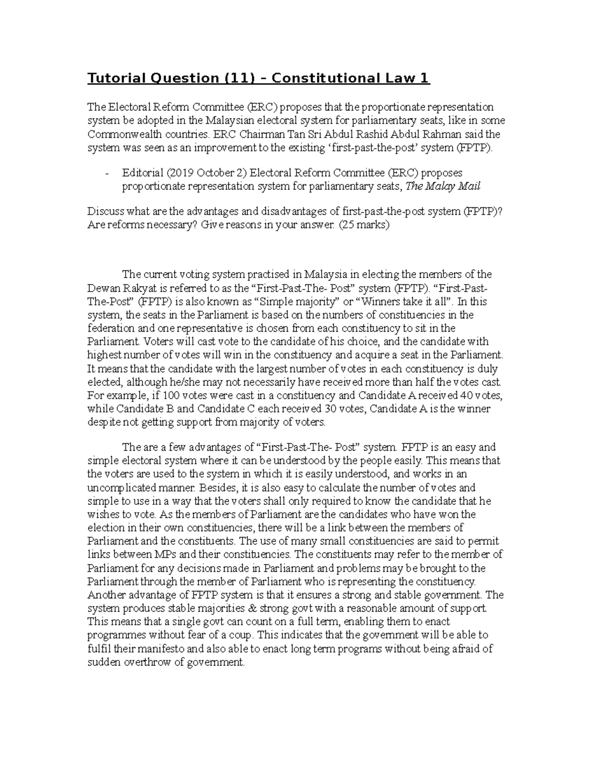 Tutorial Question (11) - Constitutional Law 1 - MMU - Studocu