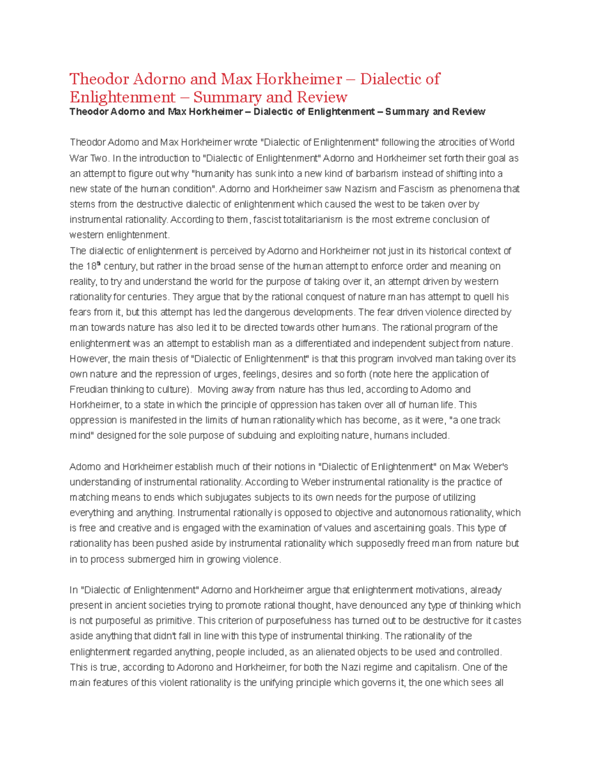 Summary Dialectic of Enlightenment 5 Theodor Adorno and Max