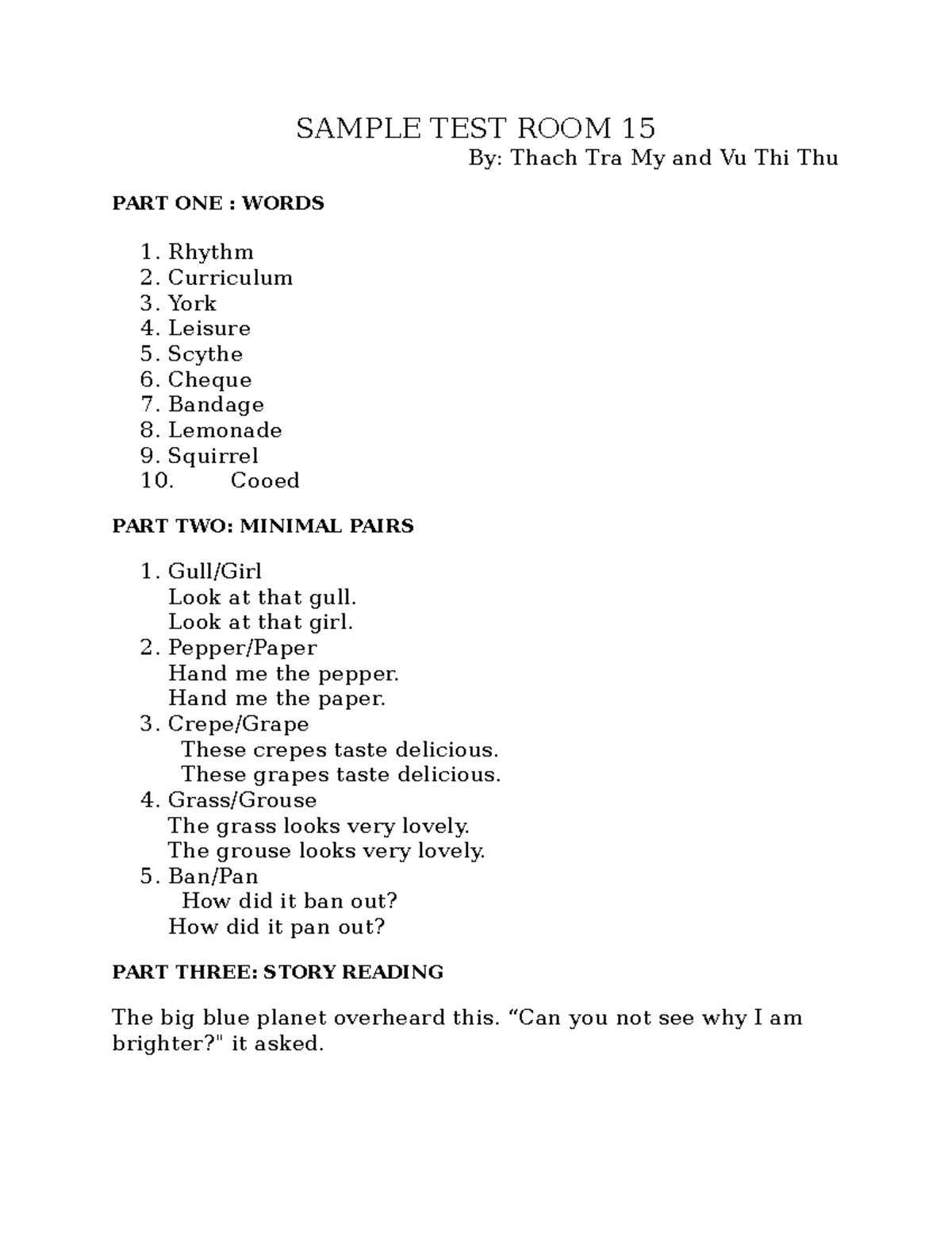 Sample TEST ROOM 15 SAMPLE TEST ROOM 15 By Thach Tra My and Vu Thi