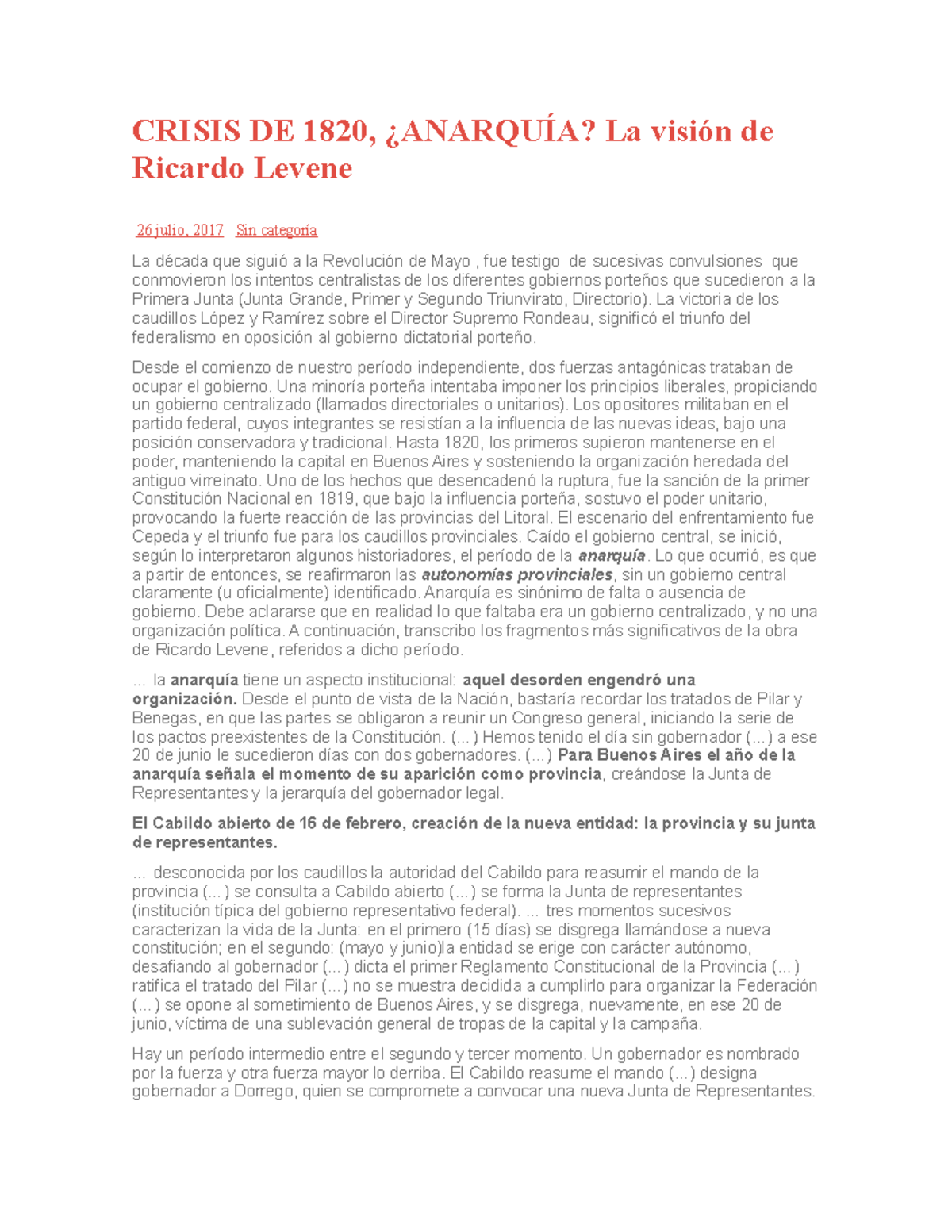 Crisis De 1820 Crisis De 1820 Anarquia La Vision De Ricardo Levene 26 Julio 2017 Sin Categoria Studocu