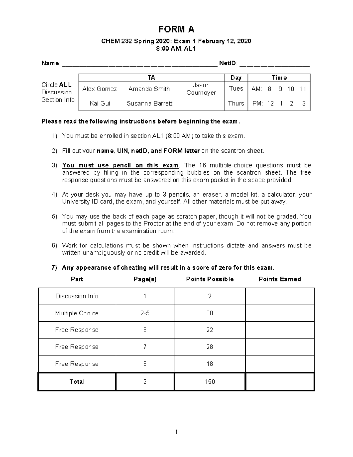 Exam 1 S2020 Form A CHEM 232 - CHEM 232 Spring 2020 : Exam 1 February ...