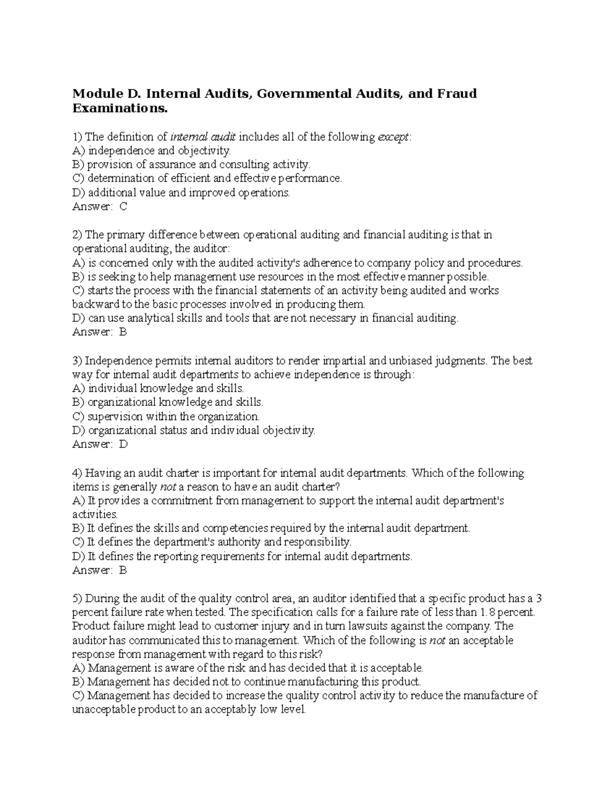 MCQ Module D Internal Audits, Governmental Audits, and Fraud ...