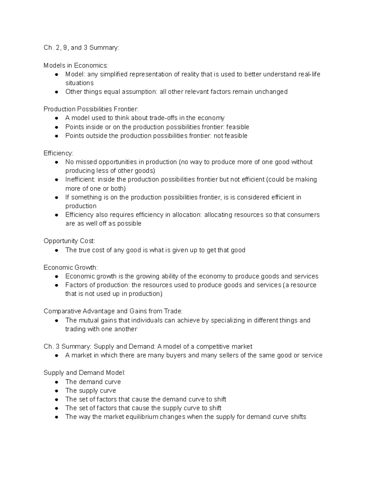 Econ 101 Ch. 2, 9, and 3 Summary - Ch. 2, 9, and 3 Summary: Models in ...