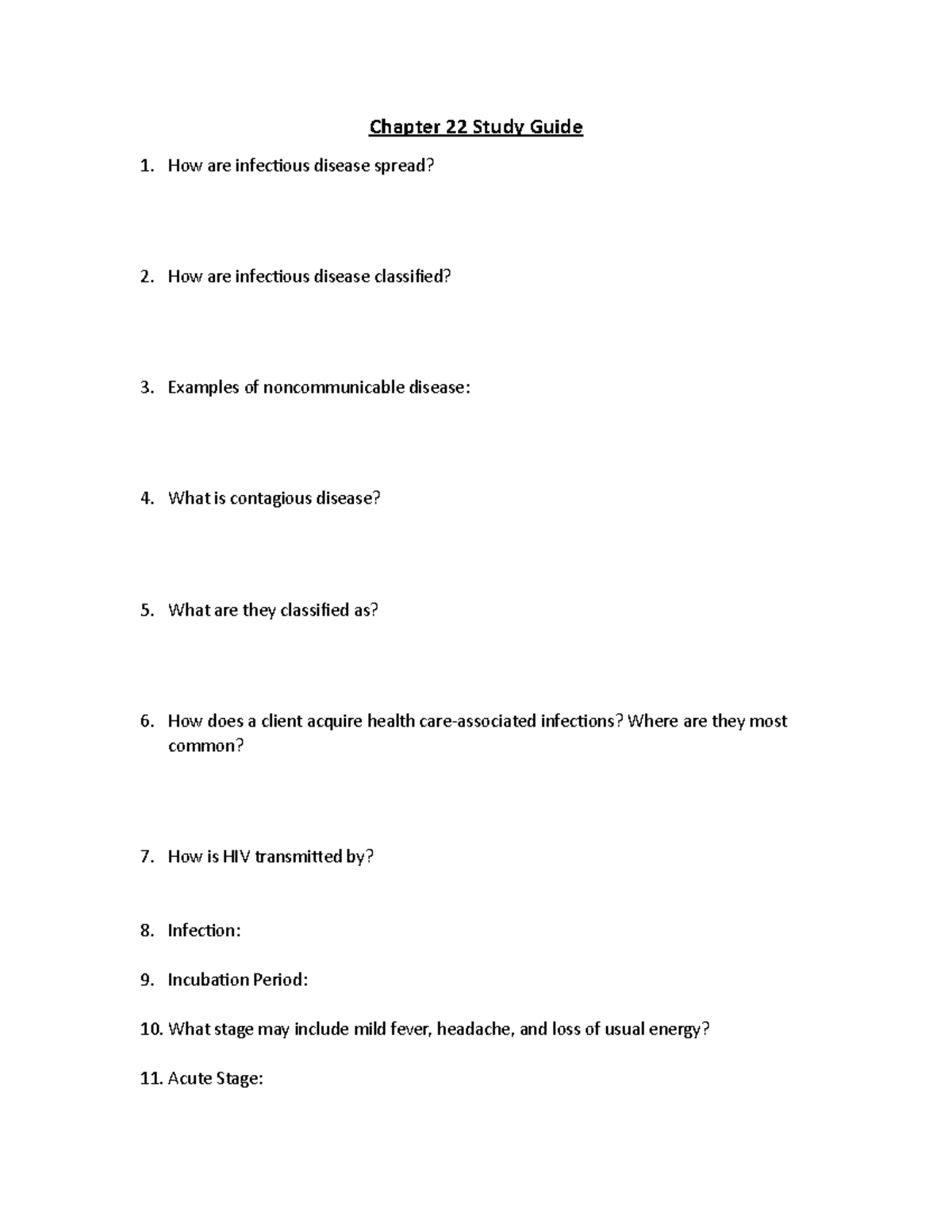 Chapter 22 Study Guide - 1. How are infectious disease spread?Chapter ...
