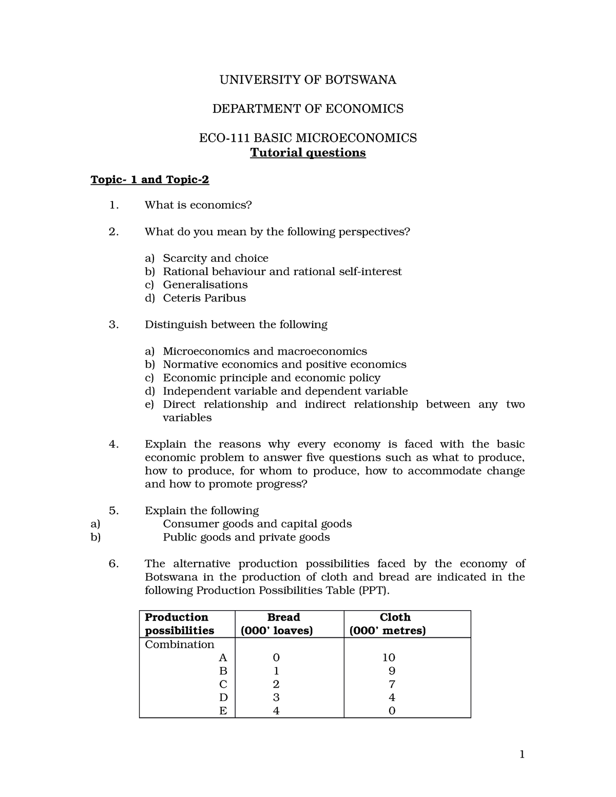 ECO 111- Tutorial Questions - UNIVERSITY OF BOTSWANA DEPARTMENT OF ...