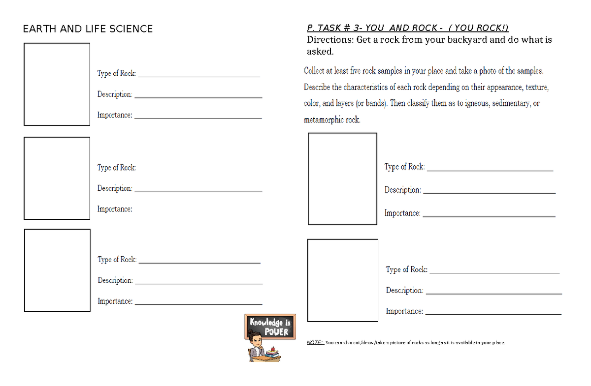 Performance TASK rocks Science EARTH AND LIFE SCIENCE P. TASK 3