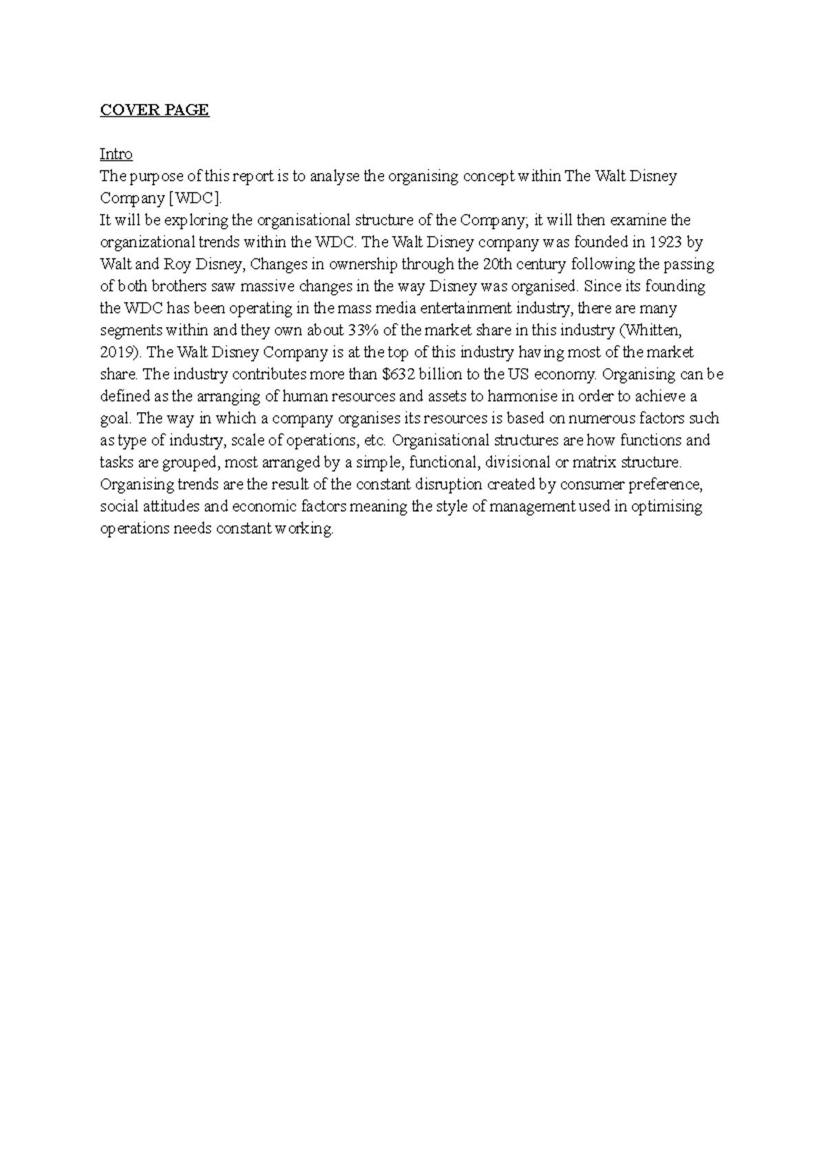 Organizing Theory Assignment - COVER PAGE Intro The purpose of this ...