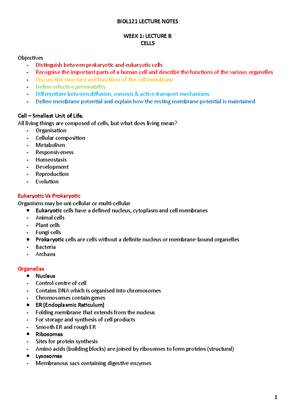 BIOL Lecture Notess - BIO notes - WEEK 1: LECTURE B CELLS Objectives ...