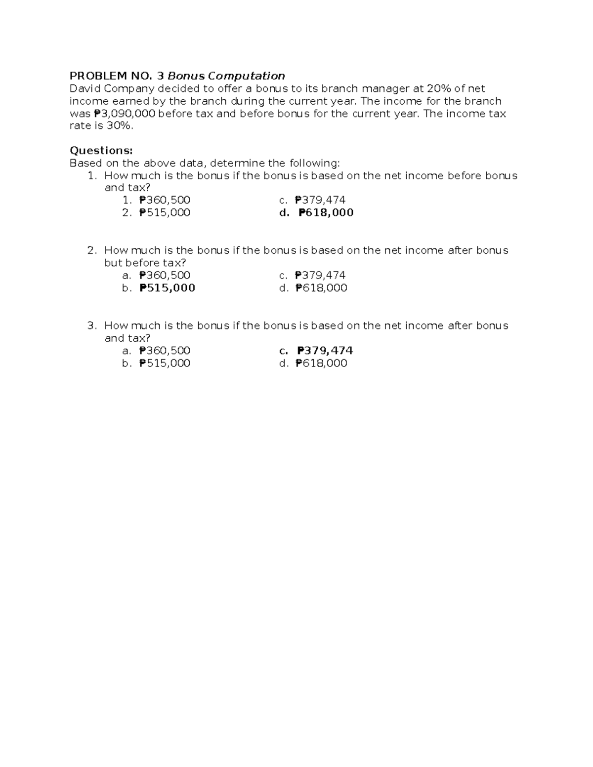 BC - Problem NO - Goodluck. - PROBLEM NO. 3 Bonus Computation David ...