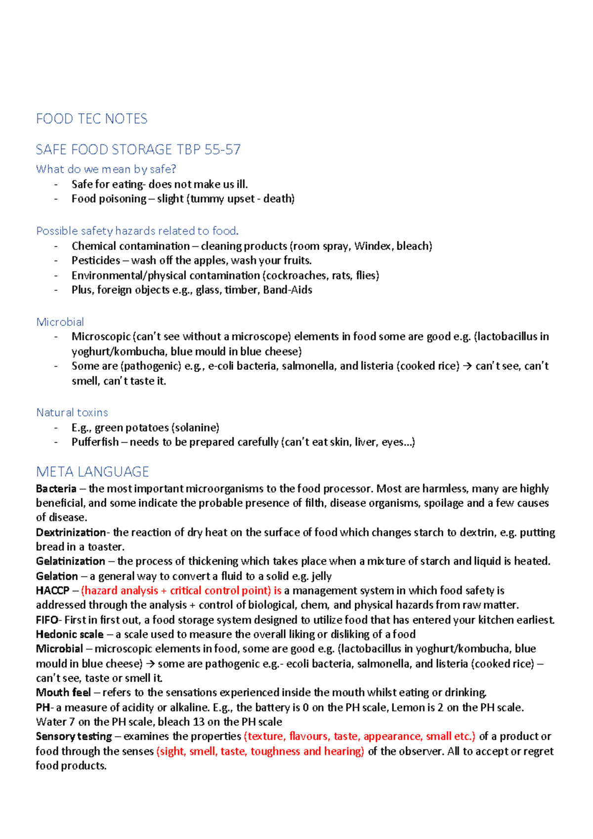 HSC FOOD TEC Notes - FOOD TEC NOTES SAFE FOOD STORAGE TBP 55- What do ...