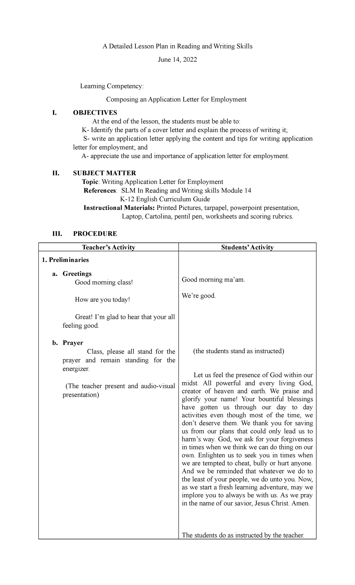 A Detailed Lesson Plan in Reading and Writing Skills - OBJECTIVES At ...