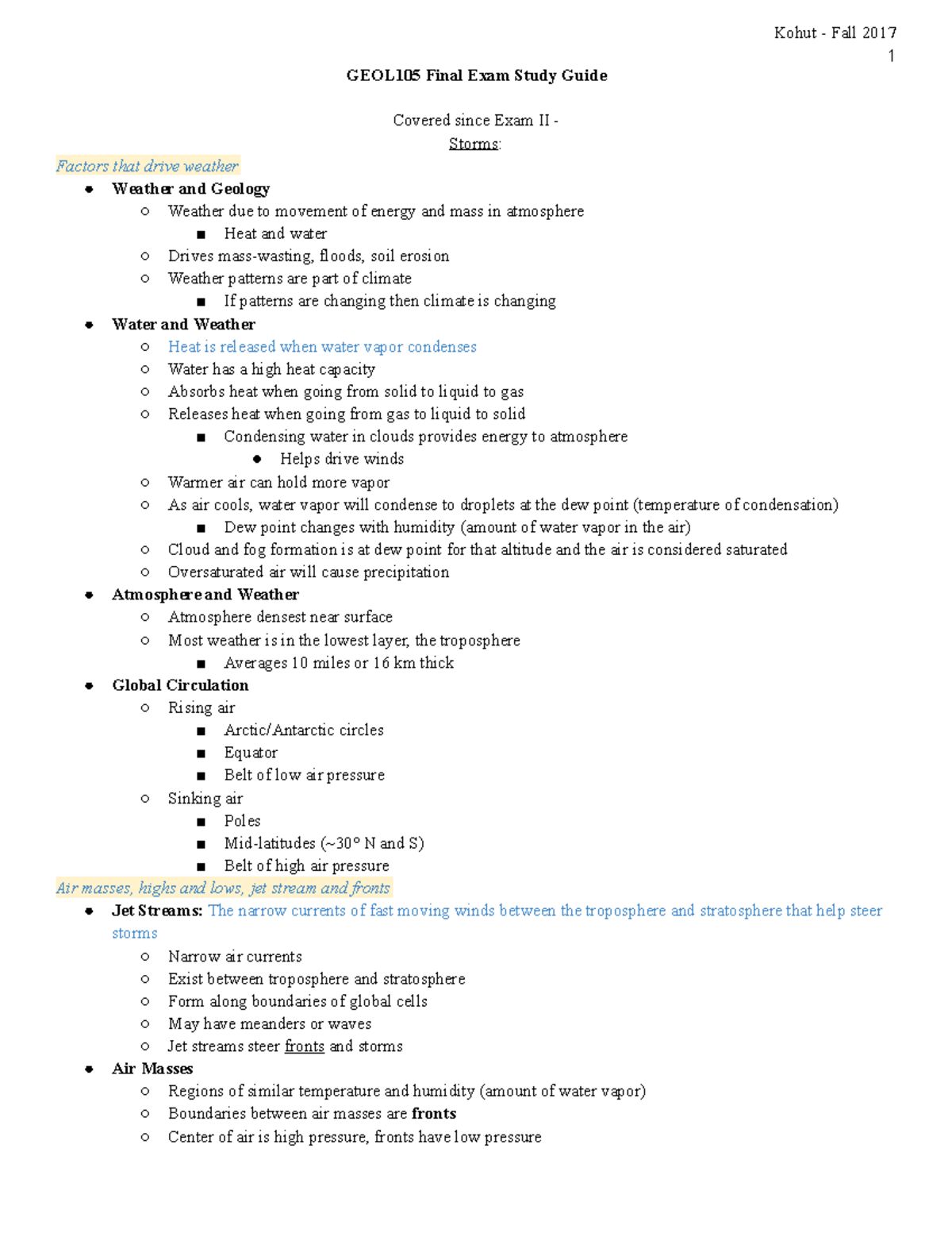GEOL105 Final Exam Study Guide Kohut Fall 2017 1 GEOL105 Final Exam
