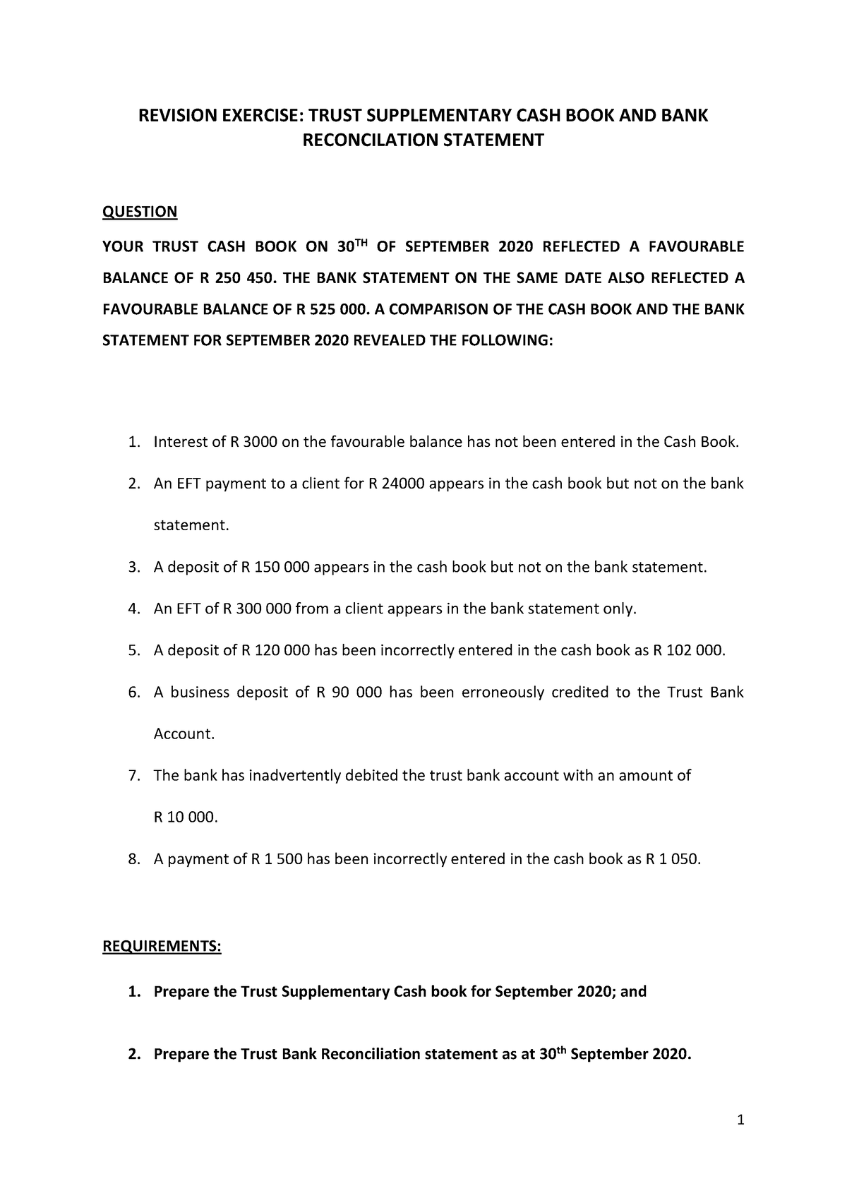 Trust Supplementary CASH BOOK AND BANK Reconciliation Statement - 1 ...