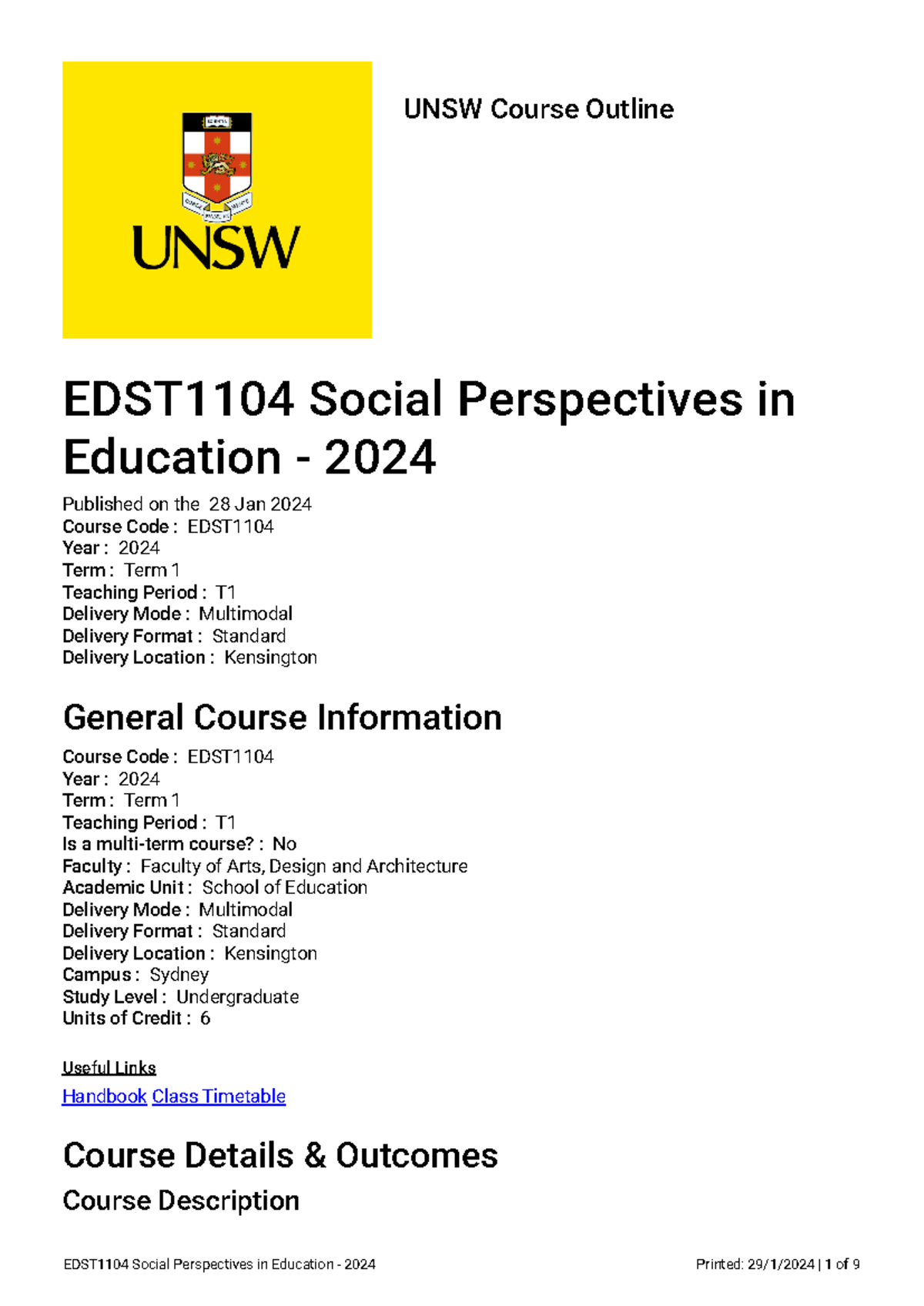 EDST1104 Course Outline - UNSW Course Outline EDST1104 Social ...