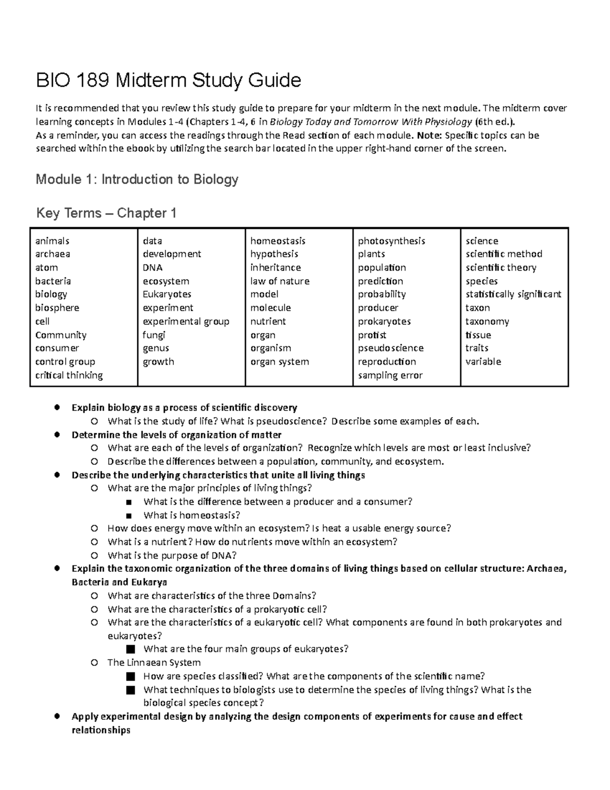 BIO 189 Midterm Study Guide (1) - BIO 189 Midterm Study Guide It Is ...