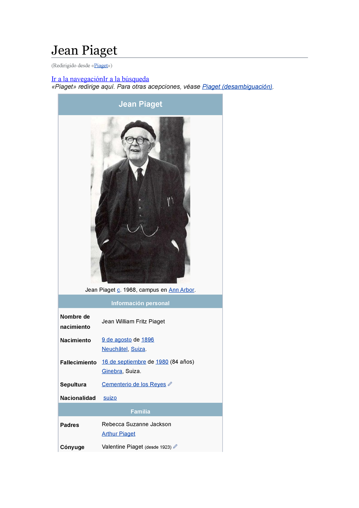 Jean Piaget TEXTO Jean Piaget Redirigido desde Piaget Ir a