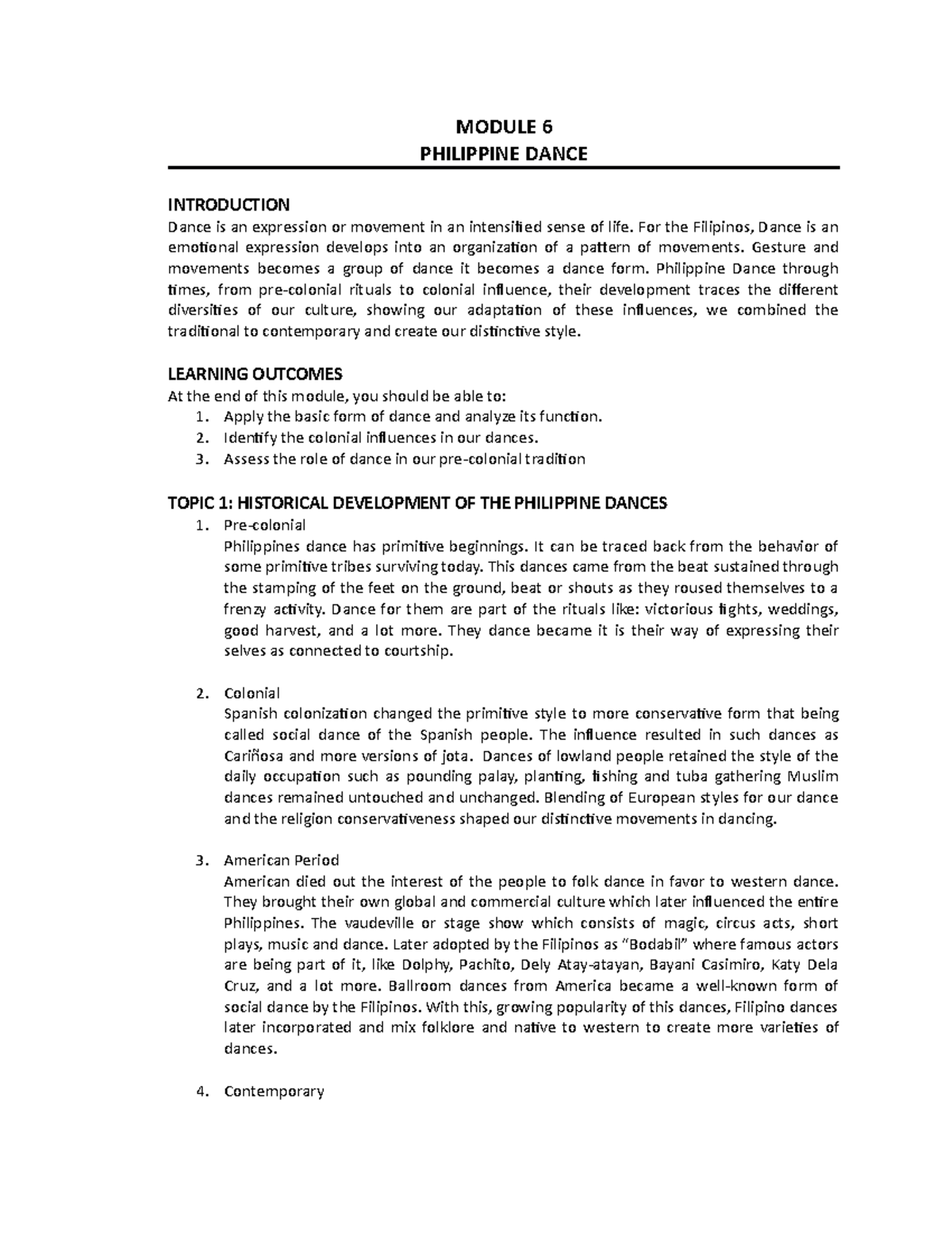 Module 6 - Philippine Arts - MODULE 6 PHILIPPINE DANCE INTRODUCTION ...