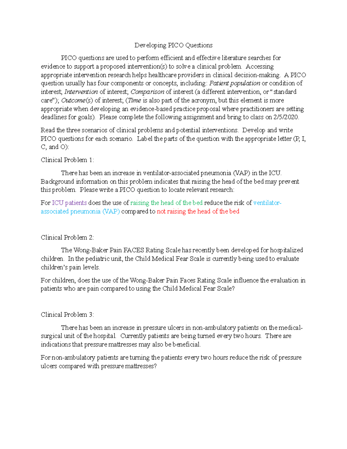 Developing PICO Questions Accessing appropriate intervention research