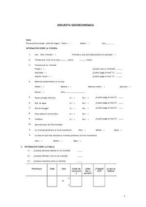 1 Formato encuesta socioeconomicas CC - ENCUESTA SOCIOECONÓMICA Datos  Persona Entrevistada (jefe del - Studocu