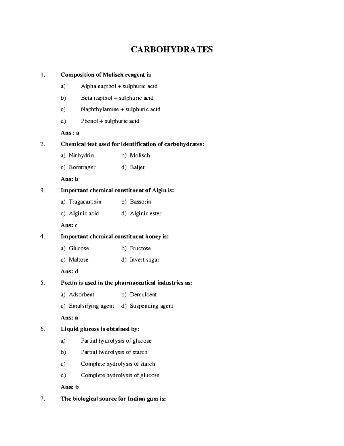 MCQs (Carbohydrates) - nill - CARBOHYDRATES Composition of Molisch ...