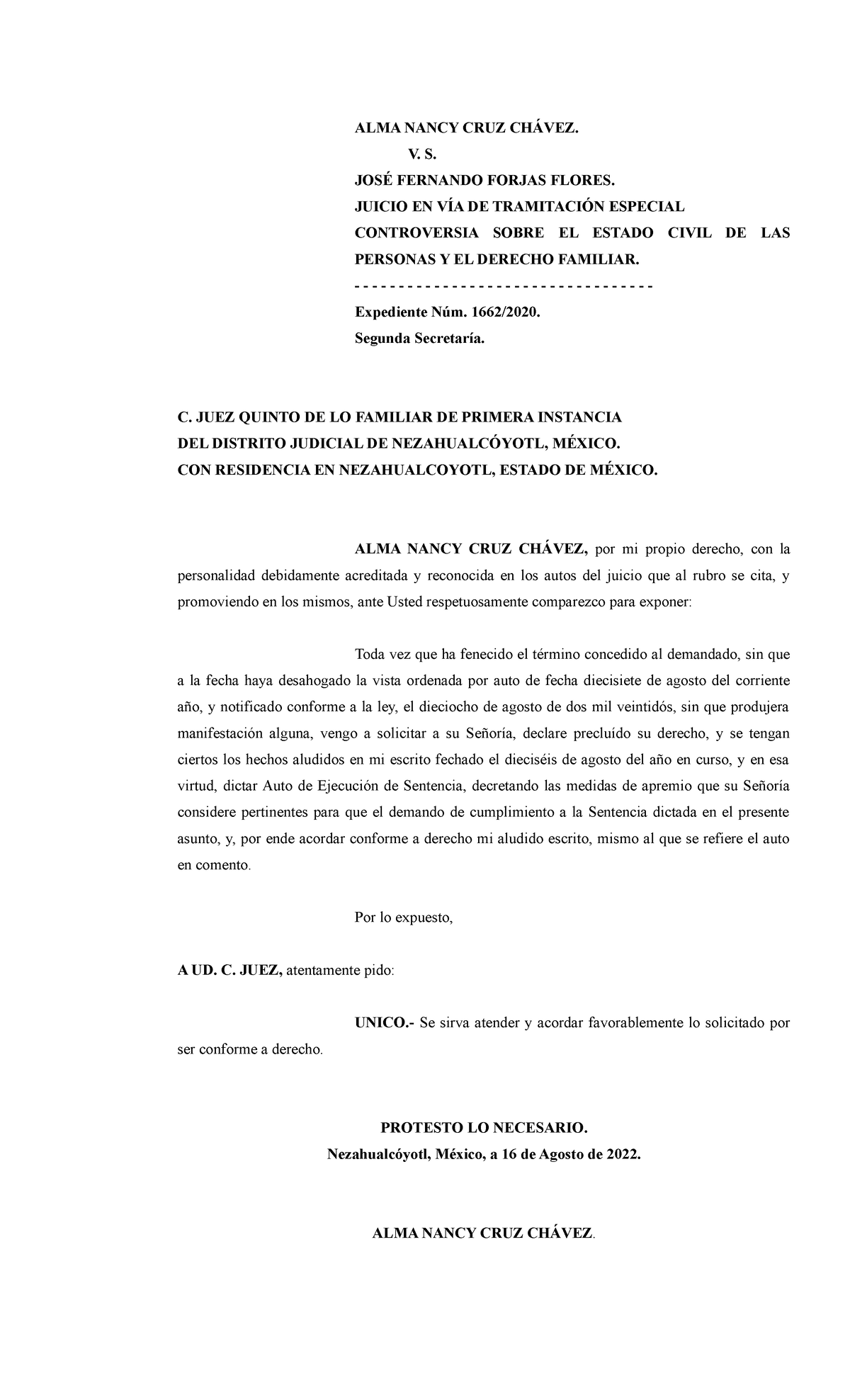 Solicitud DE Ejecución DE Sentencia EN VÍA DE Apremio - ALMA NANCY CRUZ ...