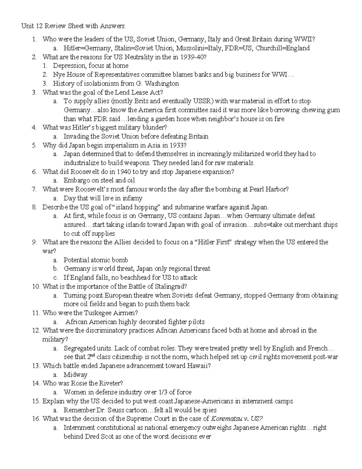 Unit 12 Review Sheet with answers 23-24-2 - Unit 12 Review Sheet with ...